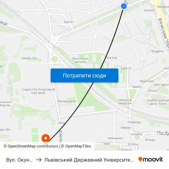Вул. Окуневського to Львівський Державний Університет Безпеки Життєдіяльності map