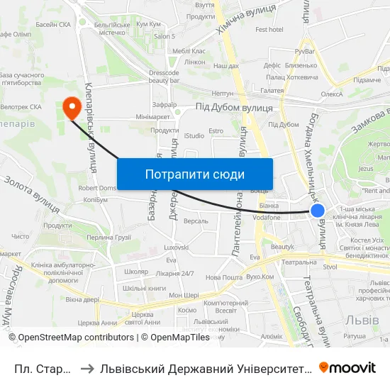 Пл. Старий Ринок to Львівський Державний Університет Безпеки Життєдіяльності map