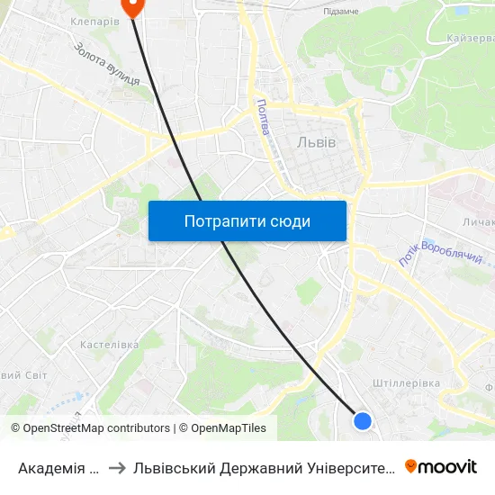 Академія Мистецтв to Львівський Державний Університет Безпеки Життєдіяльності map