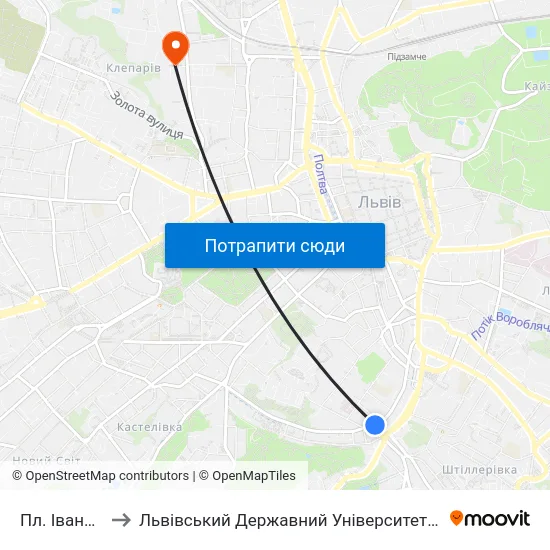 Пл. Івана Франка to Львівський Державний Університет Безпеки Життєдіяльності map