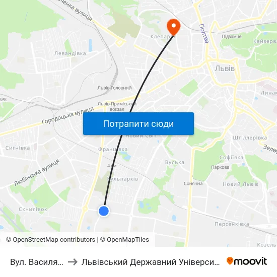 Вул. Василя Симоненка to Львівський Державний Університет Безпеки Життєдіяльності map