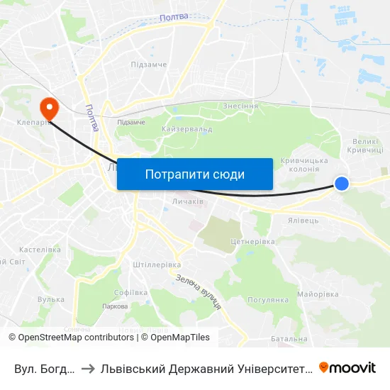 Вул. Богданівська to Львівський Державний Університет Безпеки Життєдіяльності map