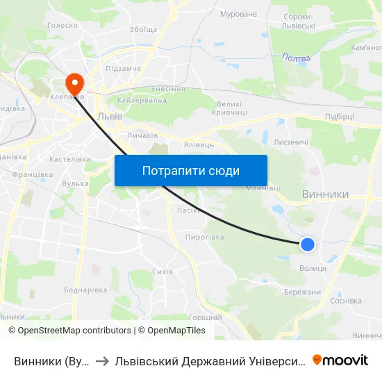 Винники (Вул. Козацька) to Львівський Державний Університет Безпеки Життєдіяльності map