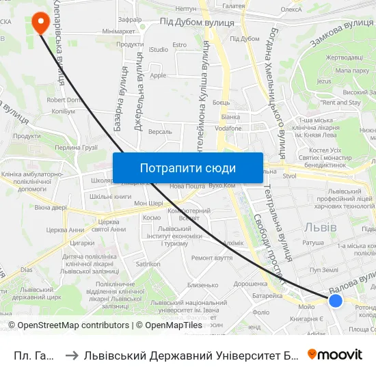 Пл. Галицька to Львівський Державний Університет Безпеки Життєдіяльності map