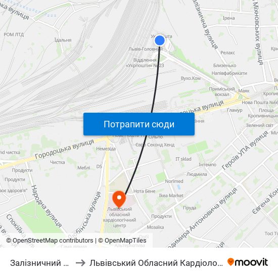 Залізничний Вокзал to Львівський Обласний Кардіологічний Центр map