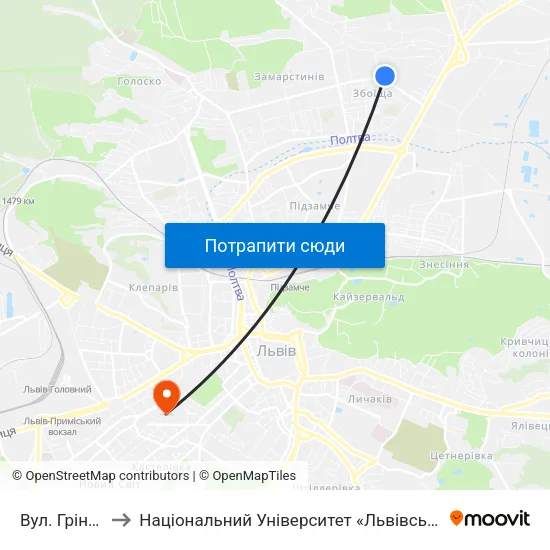 Вул. Грінченка to Національний Університет «Львівська Політехніка» map