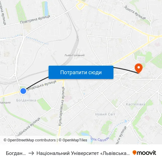 Богданівка to Національний Університет «Львівська Політехніка» map