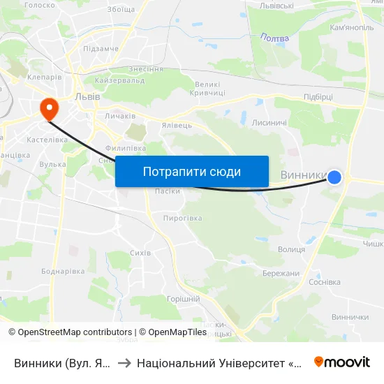 Винники (Вул. Яворницького) to Національний Університет «Львівська Політехніка» map