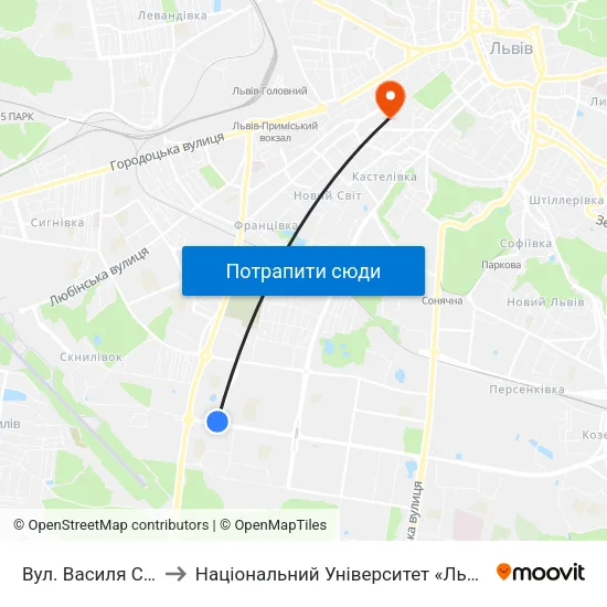 Вул. Василя Симоненка to Національний Університет «Львівська Політехніка» map