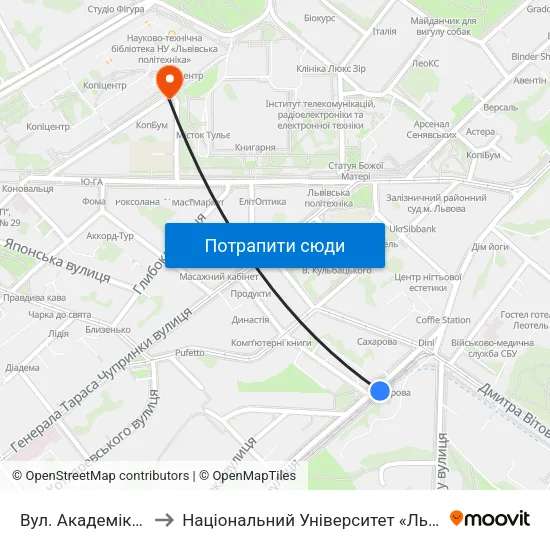 Вул. Академіка Сахарова to Національний Університет «Львівська Політехніка» map