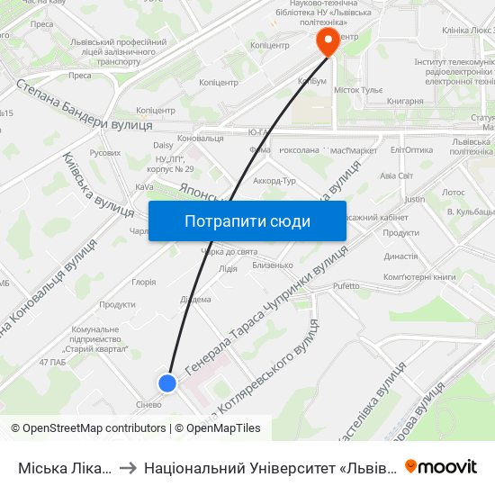 Міська Лікарня №5 to Національний Університет «Львівська Політехніка» map