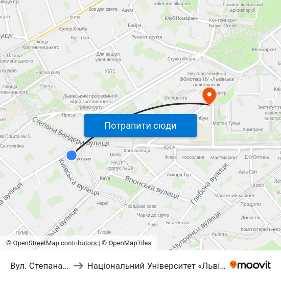 Вул. Степана Бандери to Національний Університет «Львівська Політехніка» map