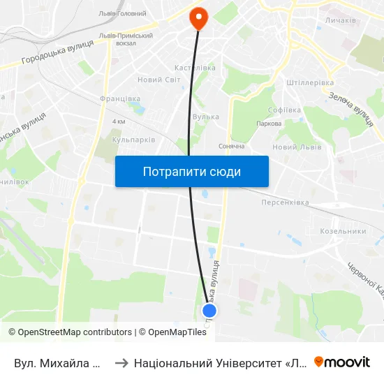 Вул. Михайла Максимовича to Національний Університет «Львівська Політехніка» map