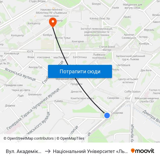 Вул. Академіка Сахарова to Національний Університет «Львівська Політехніка» map