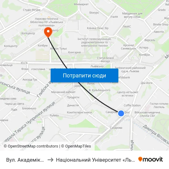 Вул. Академіка Сахарова to Національний Університет «Львівська Політехніка» map