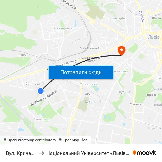Вул. Кричевського to Національний Університет «Львівська Політехніка» map