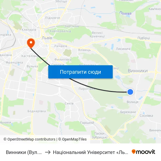 Винники (Вул. Козацька) to Національний Університет «Львівська Політехніка» map