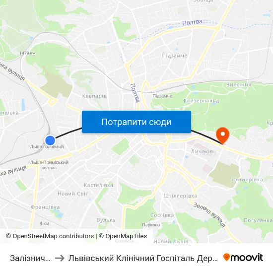 Залізничний Вокзал to Львівський Клінічний Госпіталь Державної Прикордонної Служби України map
