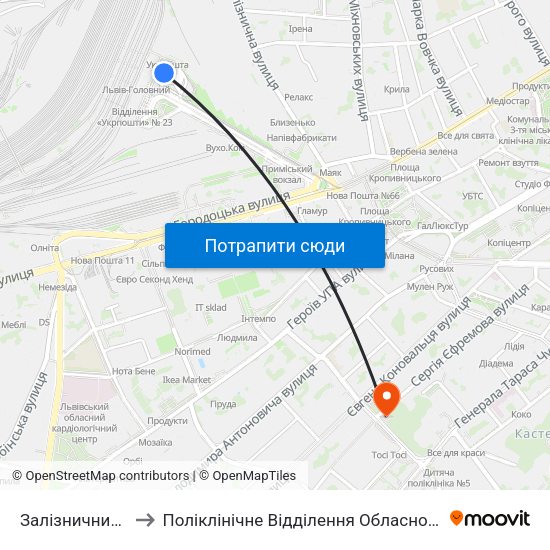 Залізничний Вокзал to Поліклінічне Відділення Обласного Онкодиспансера map