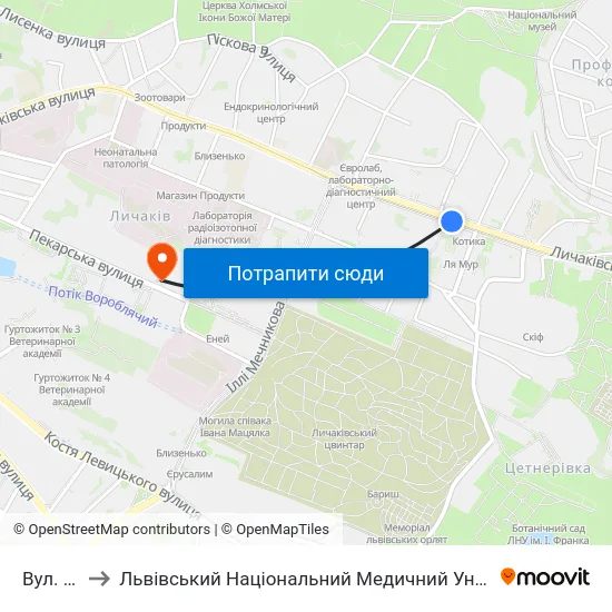 Вул. Котика to Львівський Національний Медичний Університет Імені Данила Галицького map