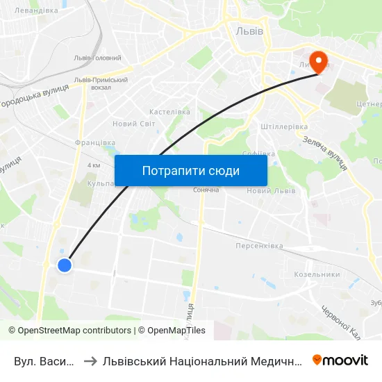 Вул. Василя Симоненка to Львівський Національний Медичний Університет Імені Данила Галицького map