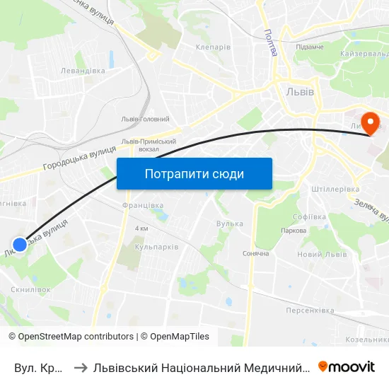 Вул. Кричевського to Львівський Національний Медичний Університет Імені Данила Галицького map