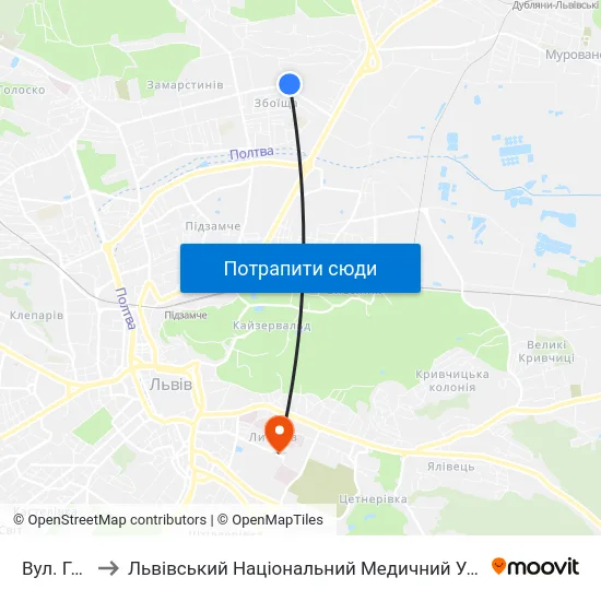 Вул. Грінченка to Львівський Національний Медичний Університет Імені Данила Галицького map