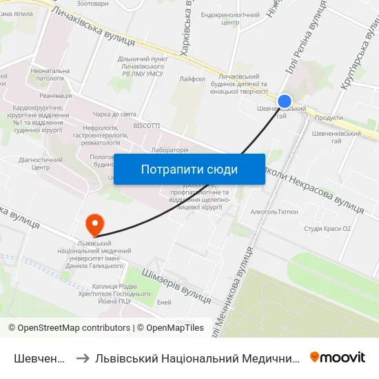 Шевченківський Гай to Львівський Національний Медичний Університет Імені Данила Галицького map