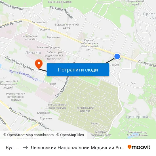 Вул. Котика to Львівський Національний Медичний Університет Імені Данила Галицького map