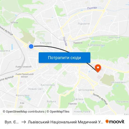 Вул. Єрошенка to Львівський Національний Медичний Університет Імені Данила Галицького map