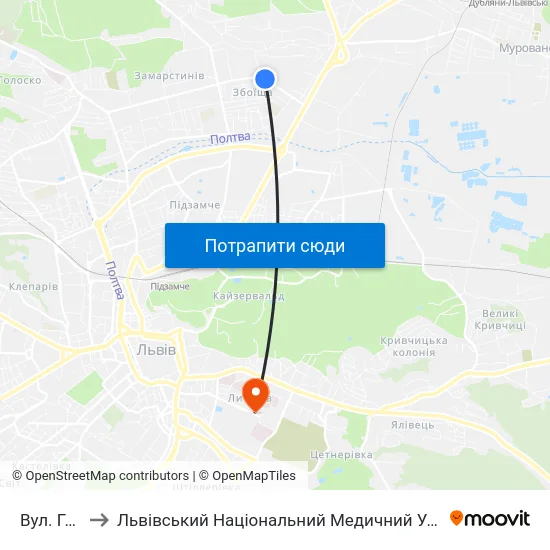 Вул. Грінченка to Львівський Національний Медичний Університет Імені Данила Галицького map