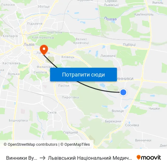 Винники Вул. Івана Франка to Львівський Національний Медичний Університет Імені Данила Галицького map