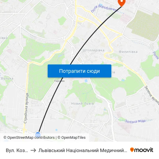 Вул. Козельницька to Львівський Національний Медичний Університет Імені Данила Галицького map
