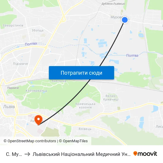 С. Муроване to Львівський Національний Медичний Університет Імені Данила Галицького map