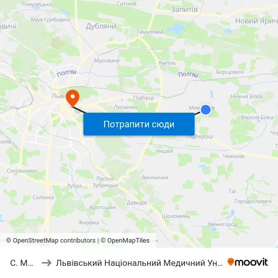 С. Миклашів to Львівський Національний Медичний Університет Імені Данила Галицького map