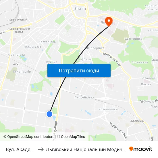 Вул. Академіка Підстригача to Львівський Національний Медичний Університет Імені Данила Галицького map