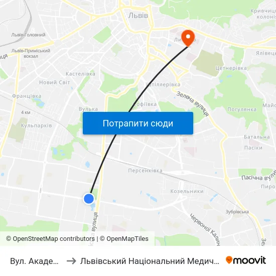 Вул. Академіка Підстригача to Львівський Національний Медичний Університет Імені Данила Галицького map