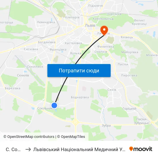 С. Сокільники to Львівський Національний Медичний Університет Імені Данила Галицького map