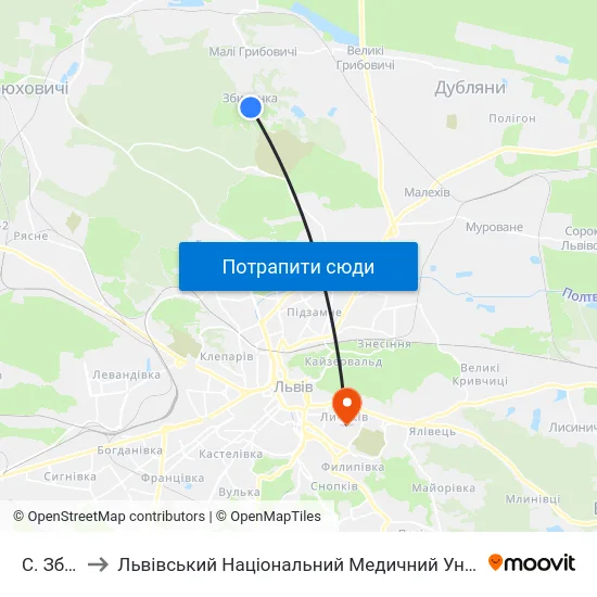 С. Збиранка to Львівський Національний Медичний Університет Імені Данила Галицького map