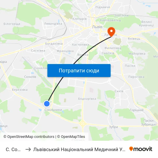 С. Сокільники to Львівський Національний Медичний Університет Імені Данила Галицького map