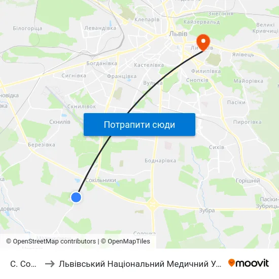 С. Сокільники to Львівський Національний Медичний Університет Імені Данила Галицького map