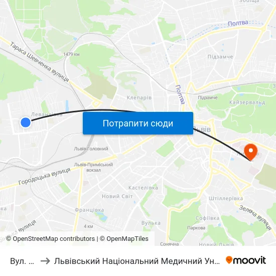 Вул. Пілотів to Львівський Національний Медичний Університет Імені Данила Галицького map