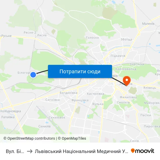 Вул. Білогорща to Львівський Національний Медичний Університет Імені Данила Галицького map