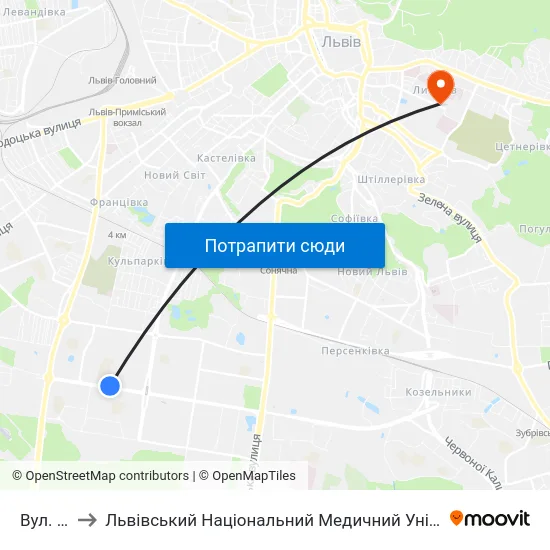 Вул. Пулюя to Львівський Національний Медичний Університет Імені Данила Галицького map