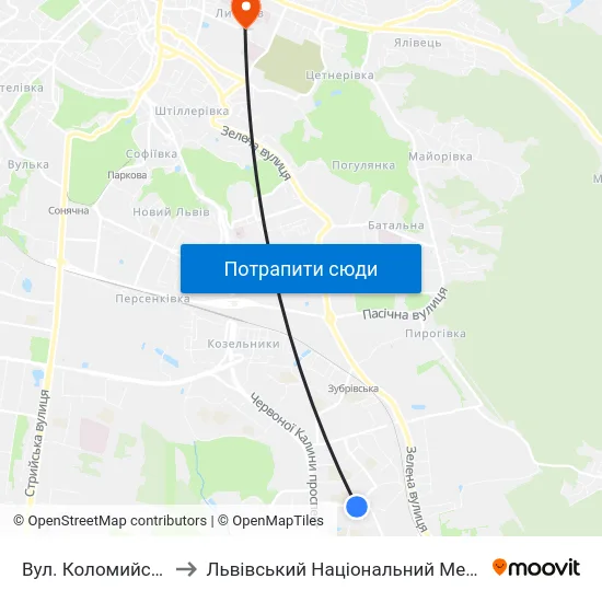 Вул. Коломийська - Вул. Трильовського to Львівський Національний Медичний Університет Імені Данила Галицького map