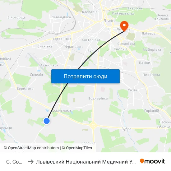 С. Сокільники to Львівський Національний Медичний Університет Імені Данила Галицького map