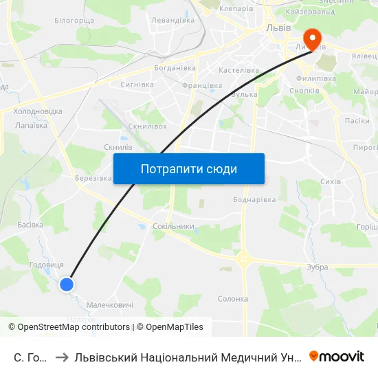 С. Годовиця to Львівський Національний Медичний Університет Імені Данила Галицького map