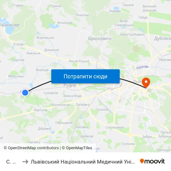 С. Мшана to Львівський Національний Медичний Університет Імені Данила Галицького map