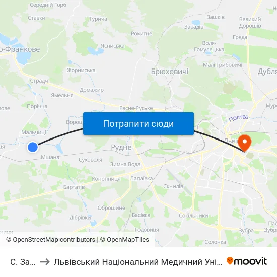 С. Залужжя to Львівський Національний Медичний Університет Імені Данила Галицького map