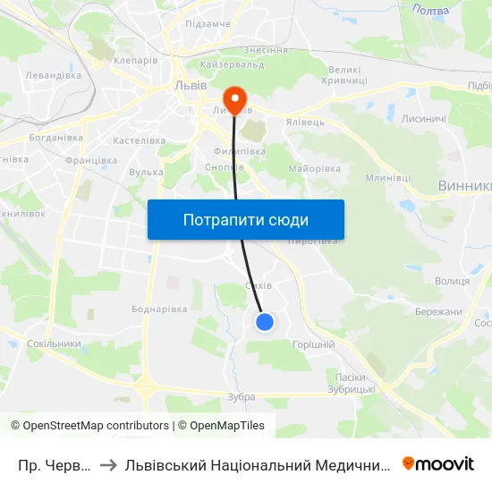 Пр. Червоної Калини to Львівський Національний Медичний Університет Імені Данила Галицького map